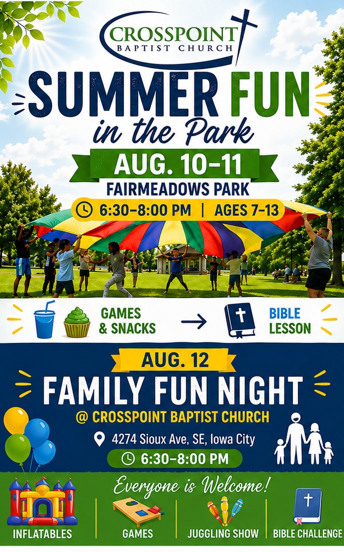 Summer Fun in the Park flyer — August 10–11 at Fairmeadows Park, Family Fun Night August 12 at the church